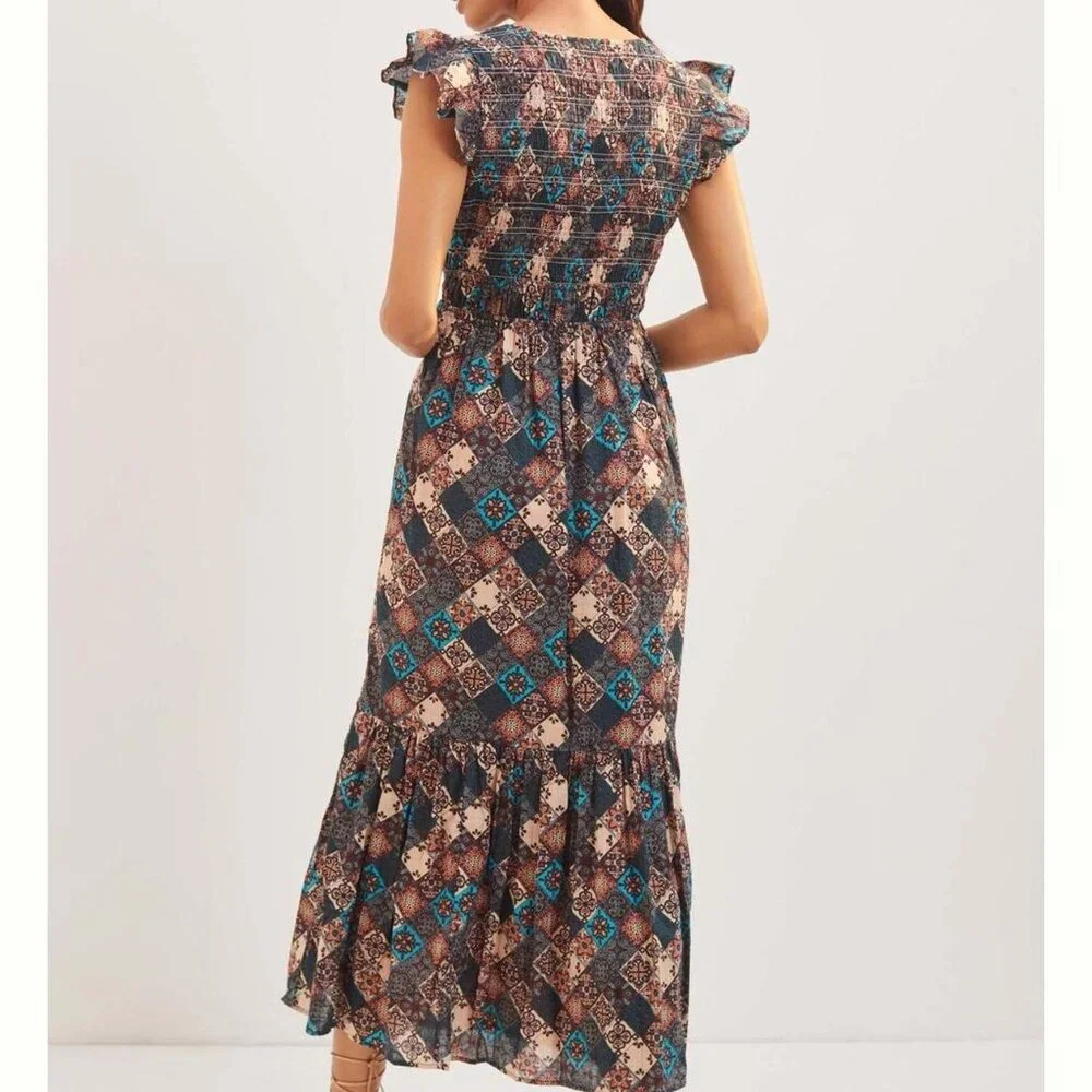 Anthropologie Smocked Ruffle Peregrine Midi Dress Turquoise Patch XL - Picture 13 of 14